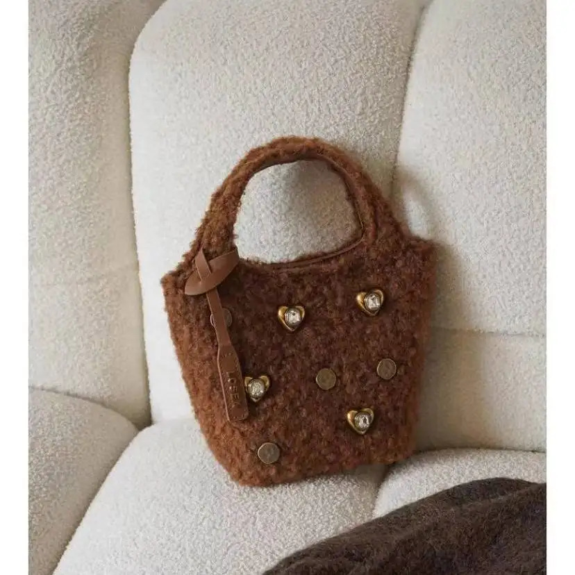 Miyagawa Autumn/Winter Ten Font Diamond Plush Bag for Women Handheld Mini Bucket Bag 241025