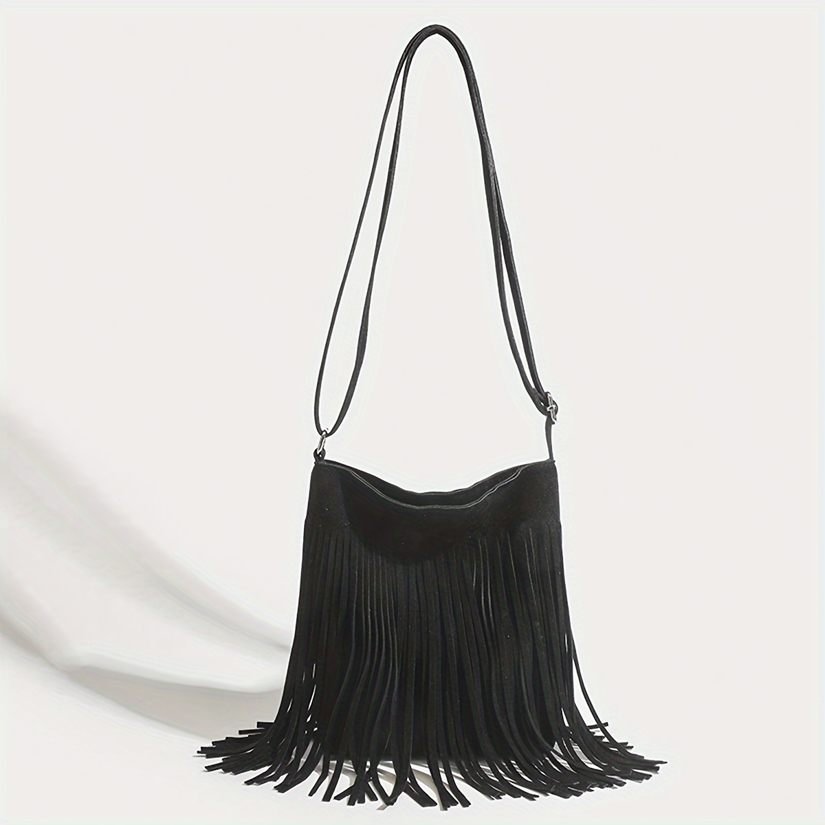 Brown Suede Elegant Crossbody Bag with Adjustable Strap - Hand Washable, Solid Color, Buckle Closure, Polyester Lined, No Oil Edges Fringe Shoulder Ba