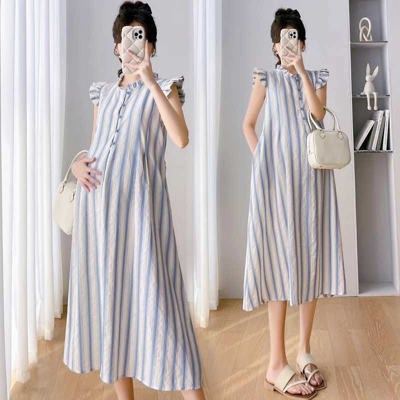 2024 Summer Pregnant Womens Striped Long Dress Petal Sleeve Cotton Linen Dress Sweet Sleeveless Pregnant Women A-line Dress W241026