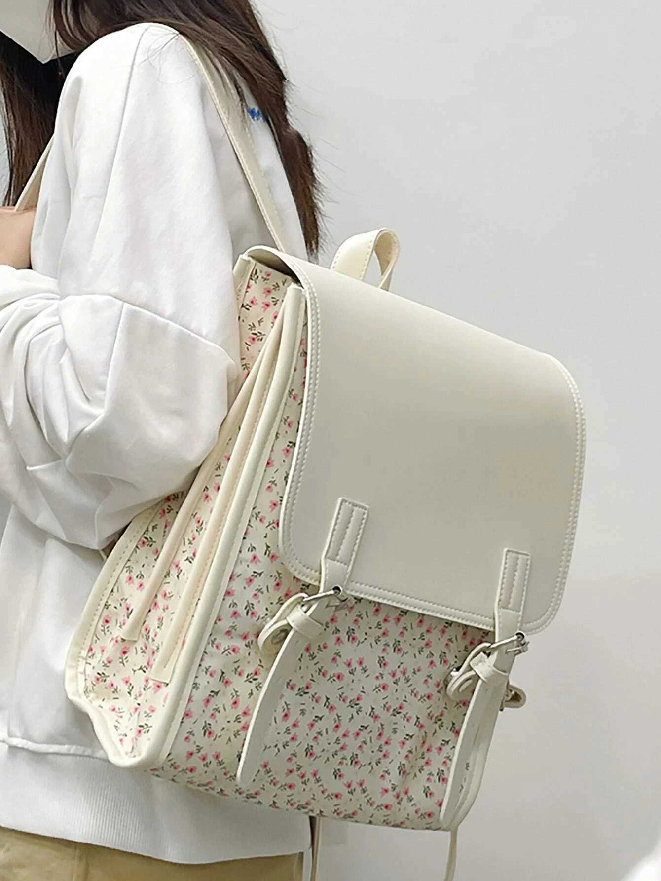 Business Casual Portable Ditsy Floral Buckle Decor Flap Backpack For Teen Girls Women Large Capacity Fiable SchoolbagXJ241026