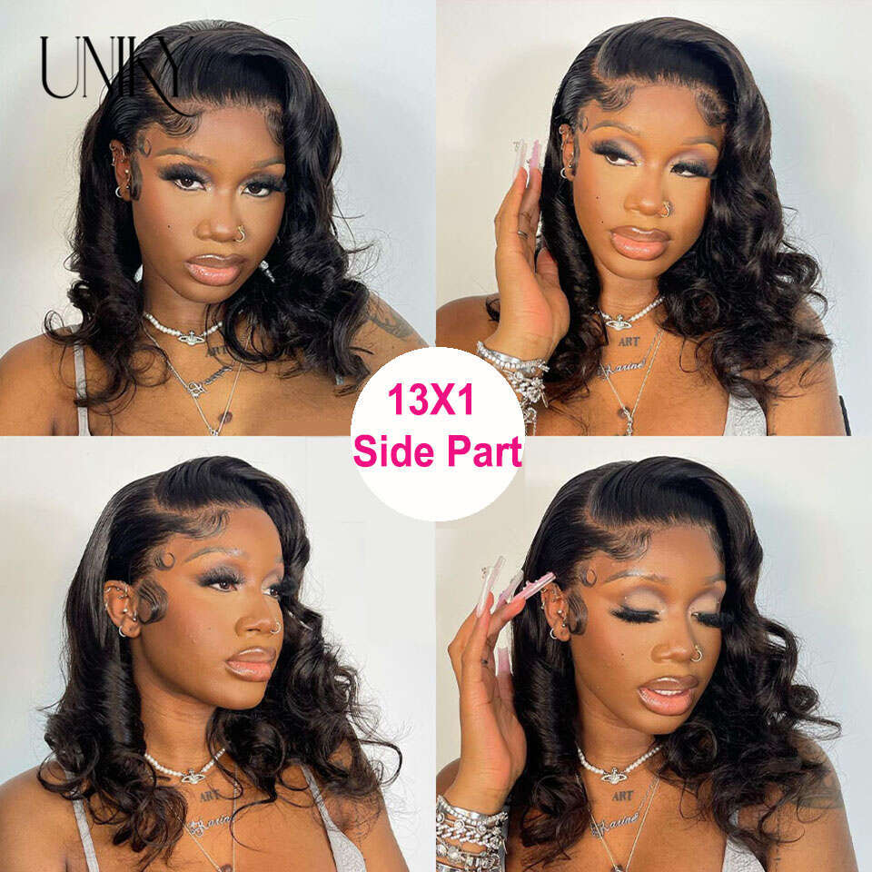 Uniky 14 16Inch Body Side Part Brazilian Human Hair 13X1 Lace Frontal Deep Wave Water Curly Short Bob Wig