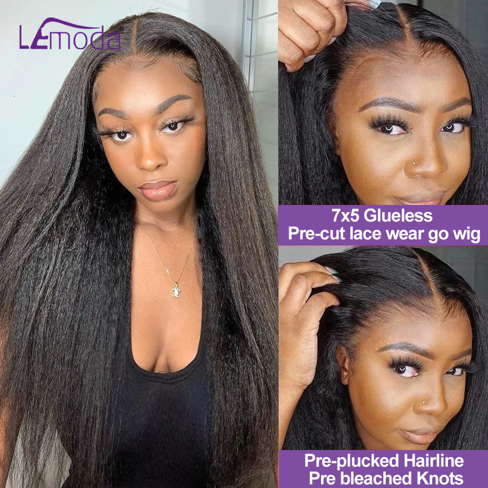 7x5 Glueless Kinky Straight Human Hair Wear Go Pre-bleached Ready to go Front Wig Pre-cut Lace Preplucked Wigs 12A