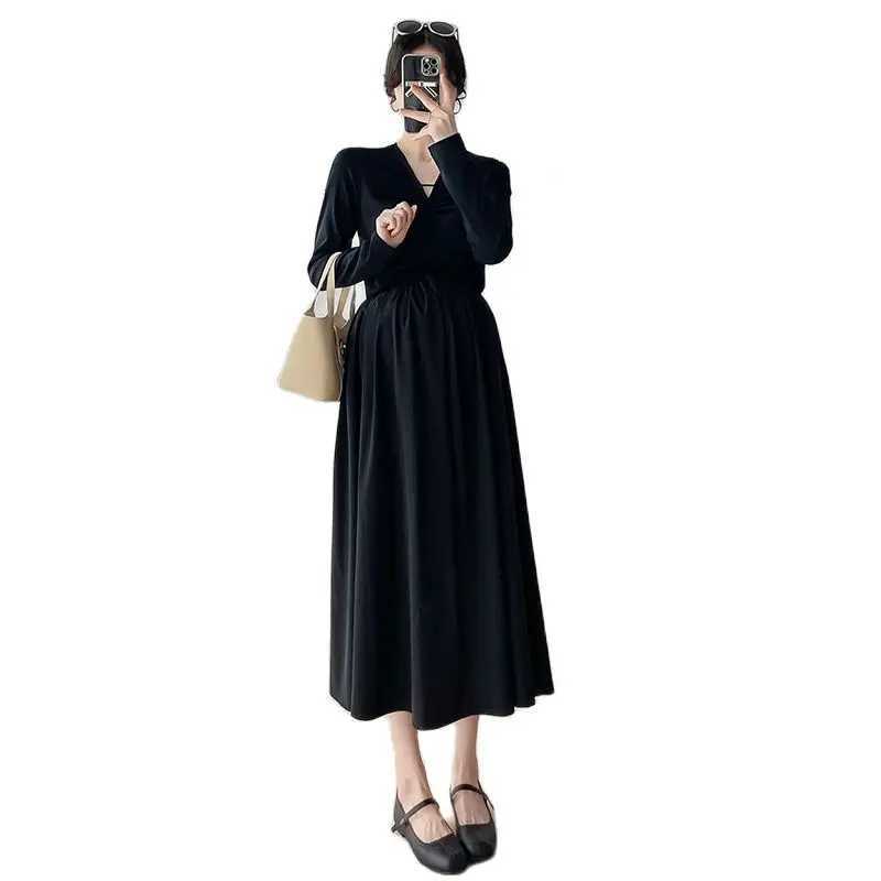 French maternity black dress autumn long sleeved Vneck elegant maternity empire dress plus size maternity party dress W241026
