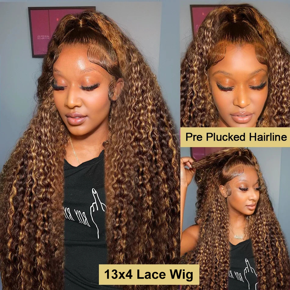 4/27 Highlight Ombre Deep Brazilian Colored Curly Wigs 13x4 Lace Front Human Hair Wig Water Wave