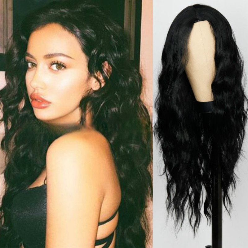 Wig women wine red long hair female middle part corn perm long curly hair chemical fiber wig