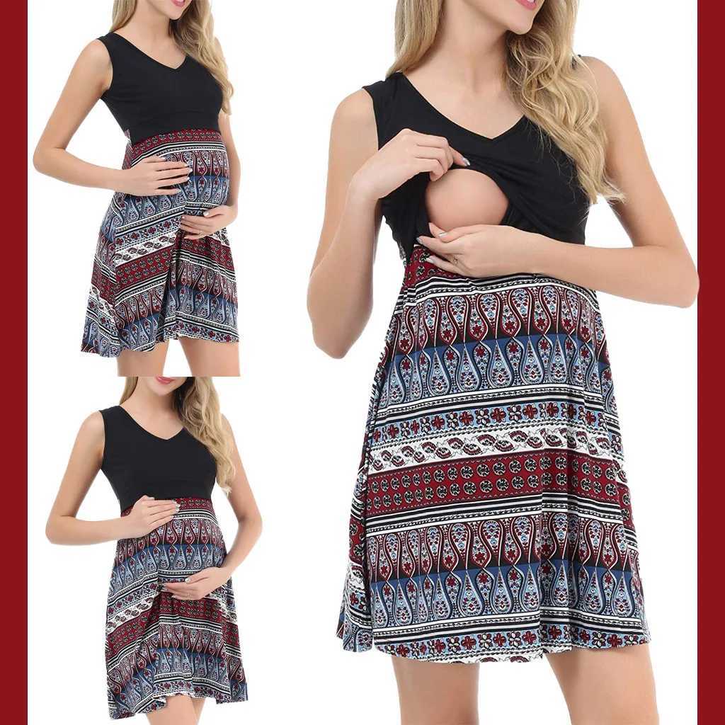 Summer dress for pregnant women black printed V-neck fashionable and comfortable breathable sleeveless care for pregnant women W241026
