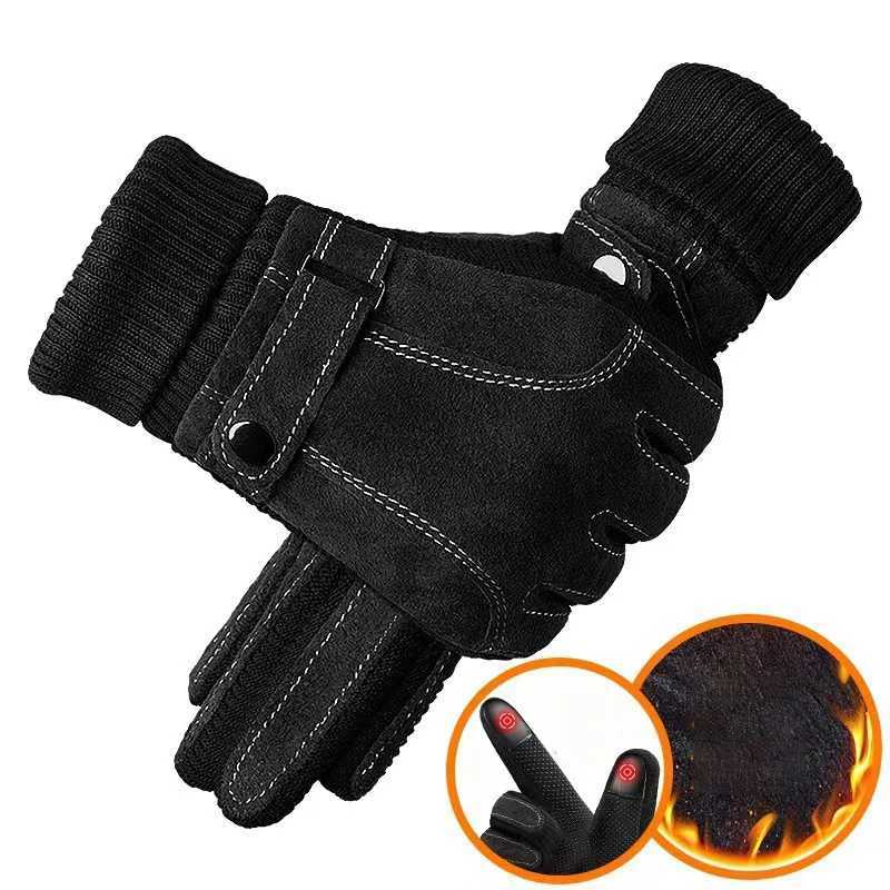 Mens leather Gs winter bicycle pigskin Gs warm wool Busin thick touch screen outdoor motorcycle anti-skid Gs W241026