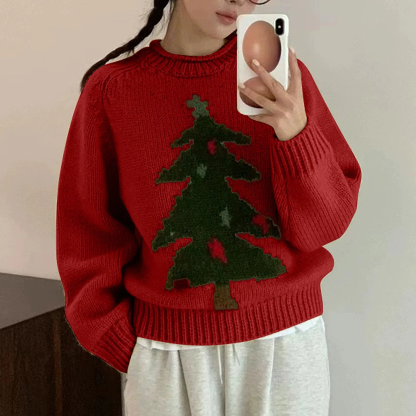 Christmas tree print collar knitted sweater for autumn and winter casual long sleeves with floral pattern loose young sweater top 241025
