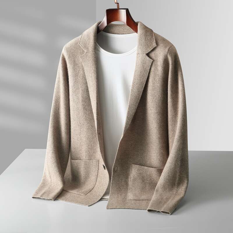 Men 100% Merino Wool Jacket Suit Lapel Sweater Cardigan Autumn Winter Loose Knit Coats Youth Thick Shirt Business Casual Tops