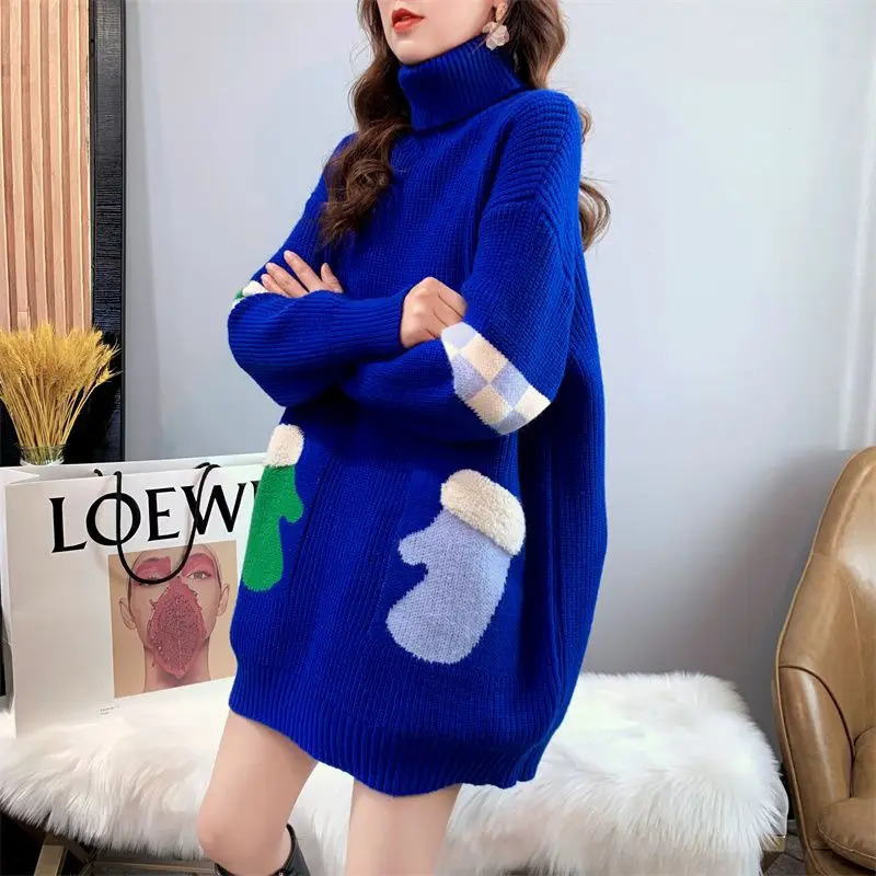Autumn and winter casual Korean turtle collar long sleeved floral womens clothing fully matched Christmas knitted medium length womens top 241025