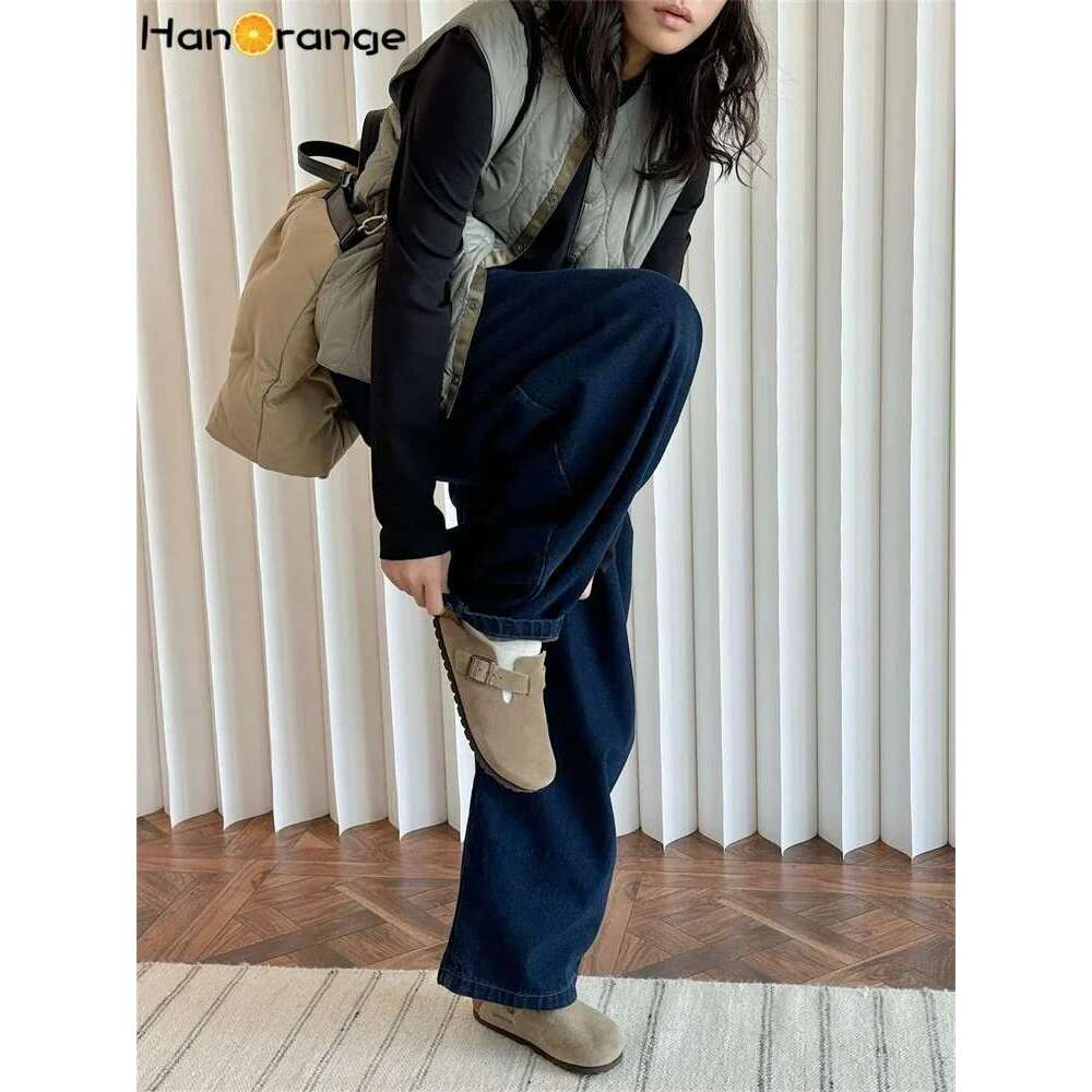 Hanorange 2024 Winter Fashion Fleece Jeans Women Loose Wide Legs Pants Elastic Waist Denim Blue