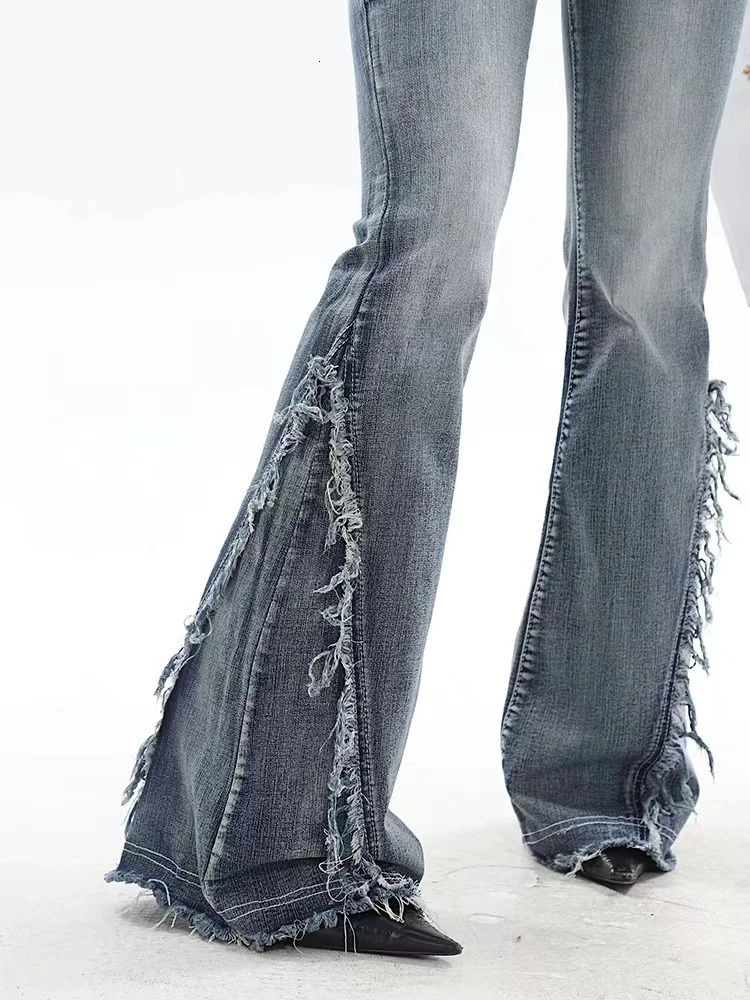 American Retro Y2K Flare Jeans Scratched Slim Bell Bottom Fashion Gyaru Denim Pant Raw Edge Trousers Hip Hop High Street 241025