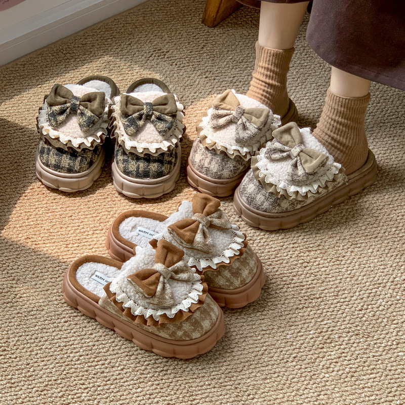 Butterfly Knot Cotton Slippers Women: Plush, Thick Sole for Height Increase, 2023 Release e5b1