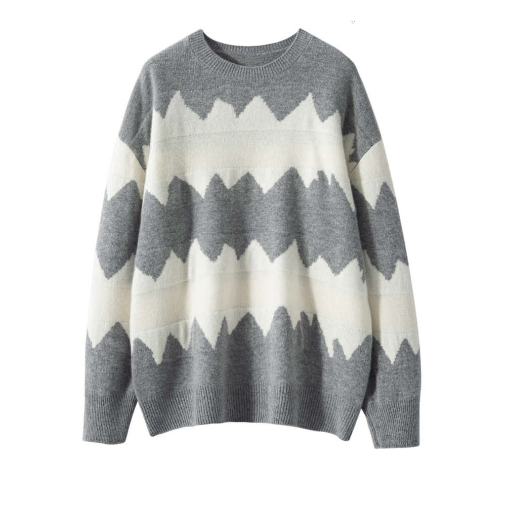 New 100% Knitwear Women's O-Neck Sweater Zigzag Striped Pullover Casual Loose Style Autumn Winter Thick Cashmere Tops