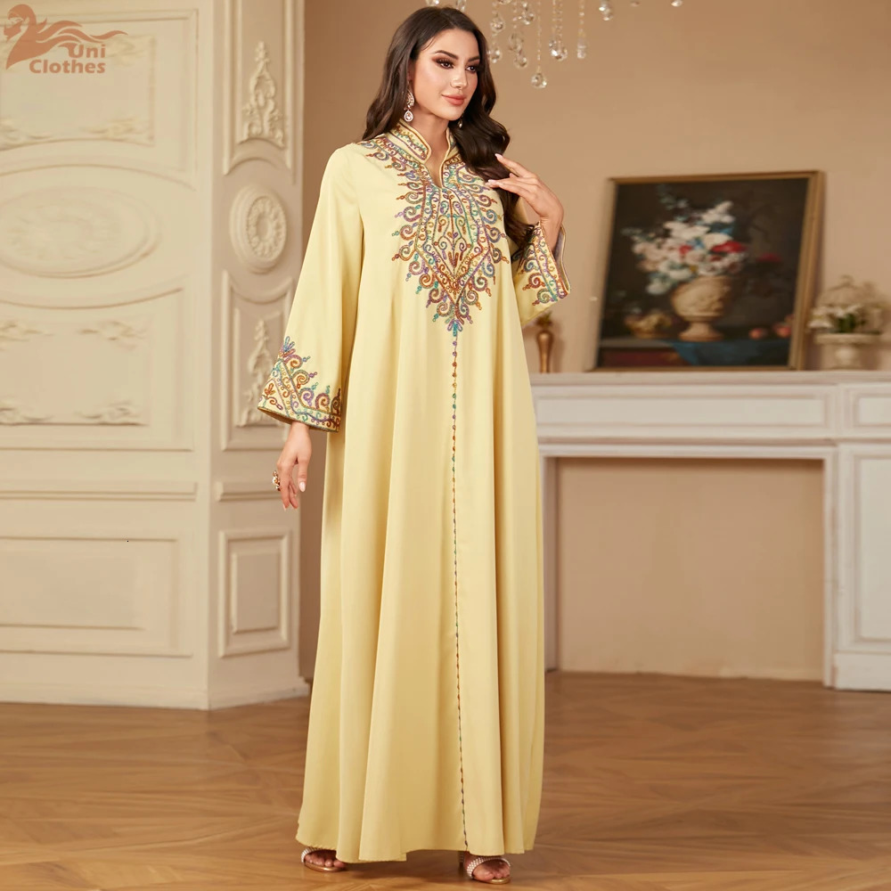 Uni Embroidered V-neck Long Dress Dubai Arab Abaya Muslim Women Loose Morocco Saudi Arabia Ethnic Jalabia Fashion Robe 241025