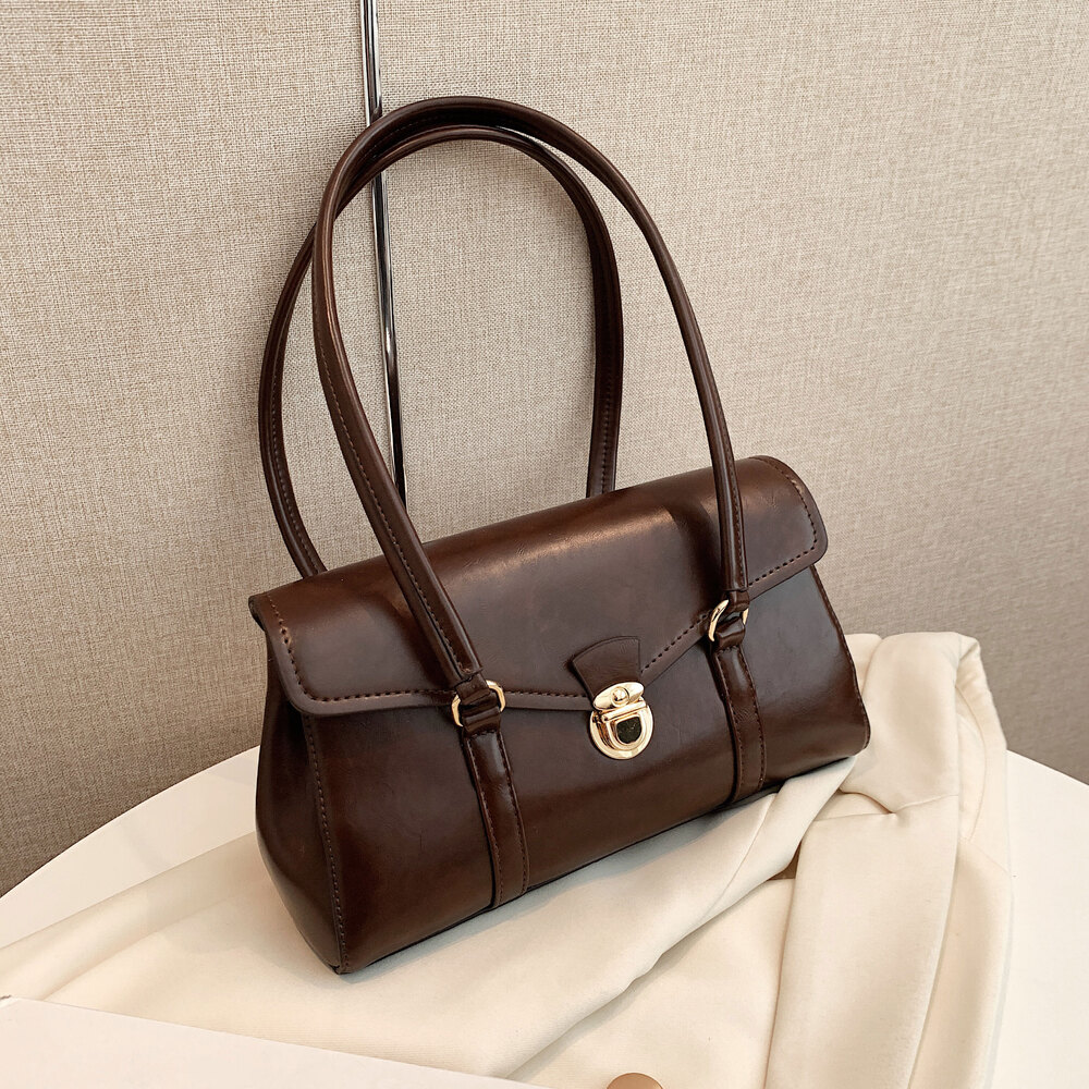2024 Designer British Style Retro Single Shoulder Solid Color PU Leather Retro Women's Handbag Trendy Women's Commuter Bag Classic Fashion B
