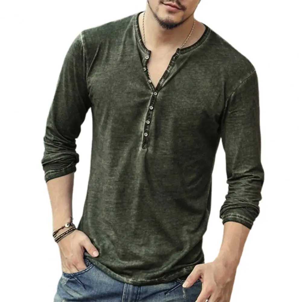Long Sleve Mens T-shirt Solid Color Casual V-neck Thin Button Mens Clothing Casual T-shirt W241026