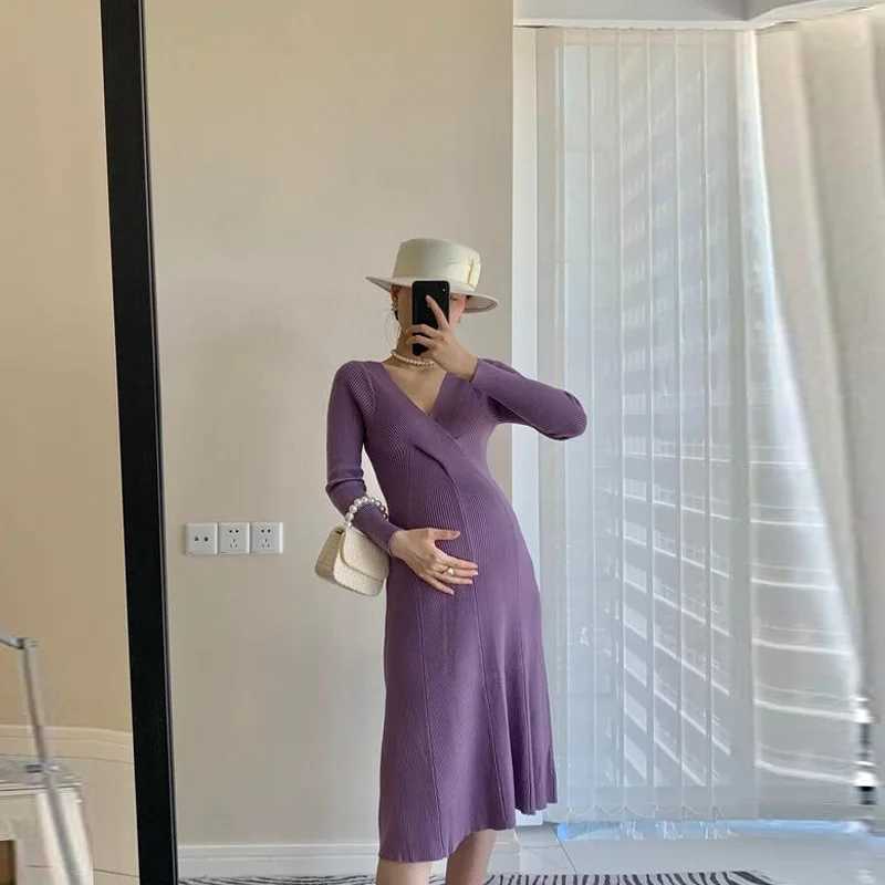 Maternity Dress Autumn/Winter Fashion Maternity Dress V-neck Sweater Knitted Tie Dress Vestidos De Mujer Casual W241026