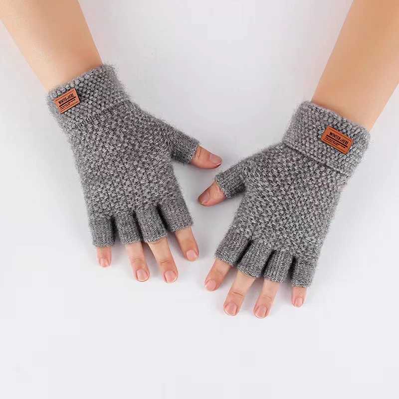 Mens winter finger Gs half finger decal knitted alpaca wool warm leather label thick elastic driving Gs W241026