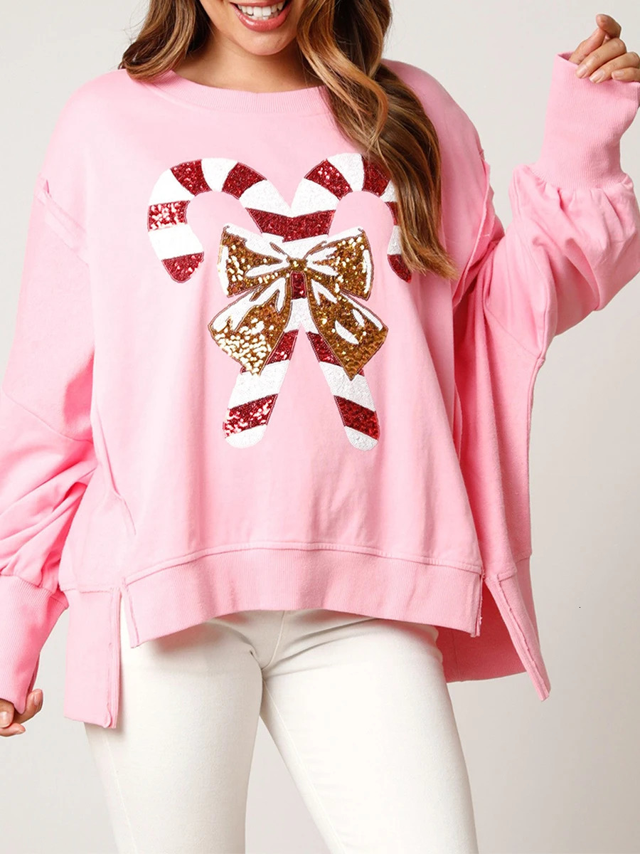 Women Christmas Sequin Sweatshirt Candy Cane Holiday Top Oversized Long Sleeve Sweatshirts Side Slit Sparkly Pullover 241025