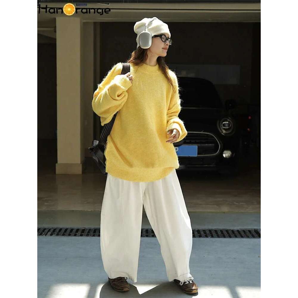 Hanorange 2024 Autumn Winter Lazy Pullover Wool Sweater Women Loose Silhouette Warm Comfortable Knitting Top Yellow/Blue