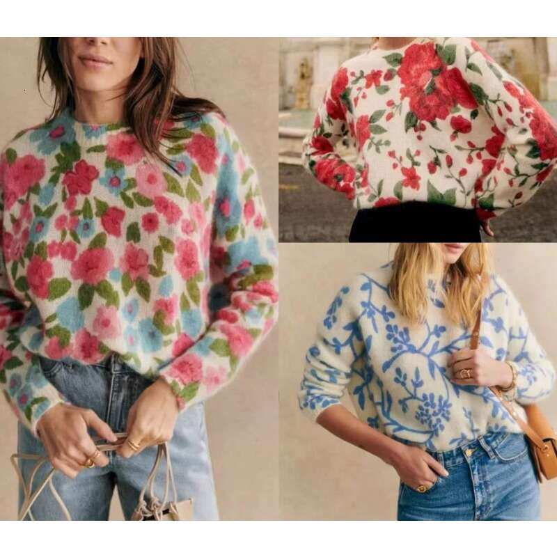 French Style In Early Autumn 2024, Retro Ral Print Round Neck Loose Knit Pullover Sweater For Women