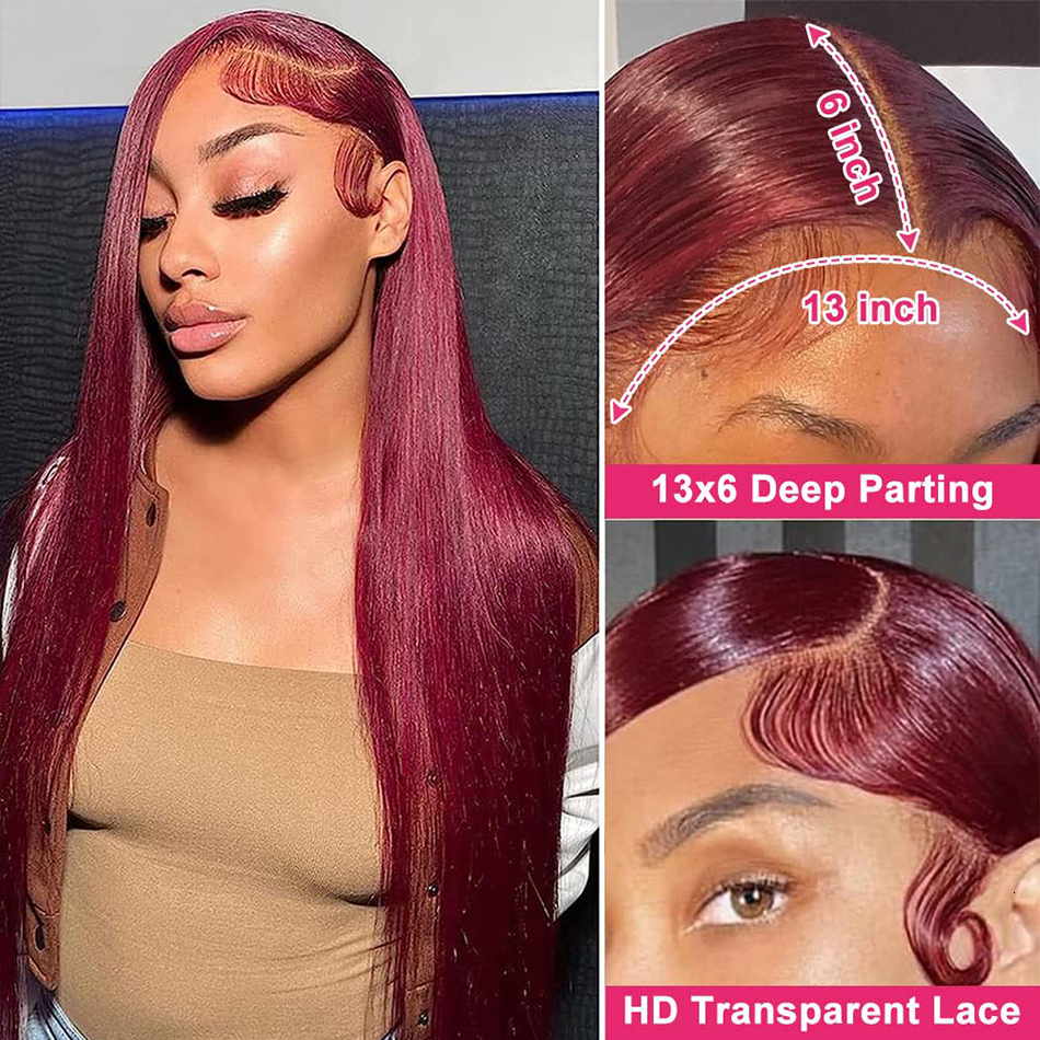 Wigg Red Straight Front Wigs Human Hair 99J Bury 13X4 13X6 Hd Lace Frontal Wig