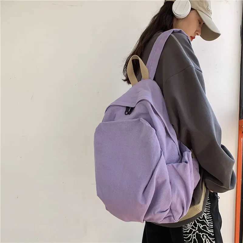 New Japanese Solid Colour Schoolbag Korean Student Canvas Backpack Large Capacity Double Shoulder Bag for Women Travel BackpackXJ241026