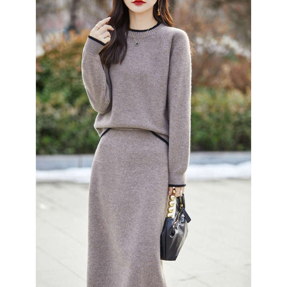 Fashion Suit Spring Autumn Winter 100% Merino Wool Knit High Quality Sweater Women Top And Harem Skirt Two-Piece Female Clothing