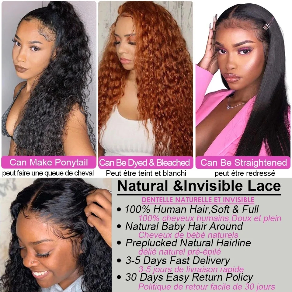 Deep Wave Front 100% Human Hair Wig 30 32Inch Kinky Curly 200% 13x4 13x6 Lace Frontal Wigs For Woman MYLOCKME Pre Plucked