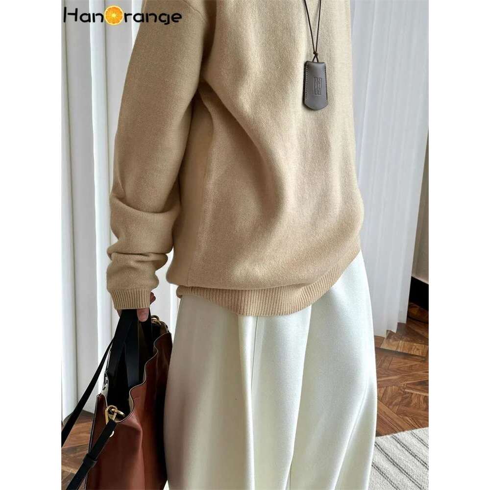 Hanorange 2024 Winter Turtleneck Cotton Cashmere Sweater Women Soft Skin Friendly Loose Top Black/Apricot