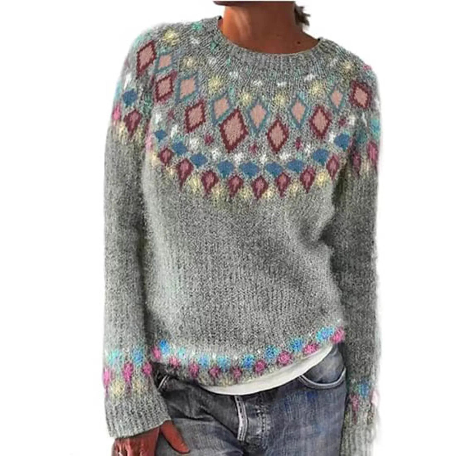 Womens printed pullover sweater for winter and autumn casual loose round neck long sleeved knitted jumper color blocked Christmas top 241025