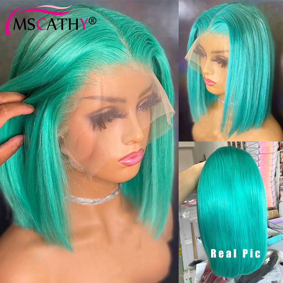 Green Short Straight Human Hair Wigs For Women 613 Blonde Colored Transparent Lace Frontal Preplucked Grey Color Bob Wig