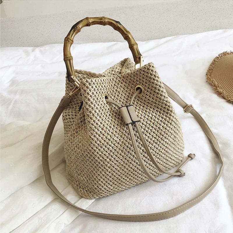 Womens Bohemian Cross Bag Drawstring Womens Bucket Bag Womens Lattan Willow Bag Handle Beach Handbag 241025