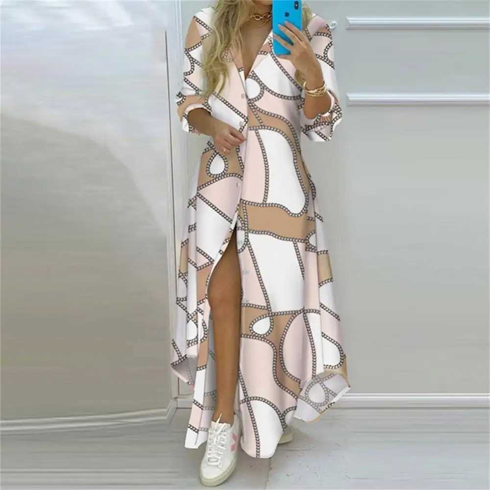 2022 new womens striped printed long sleeved dress fashionable bohemian beach button up maxi dress spring and summer womens letter oversized robe W241