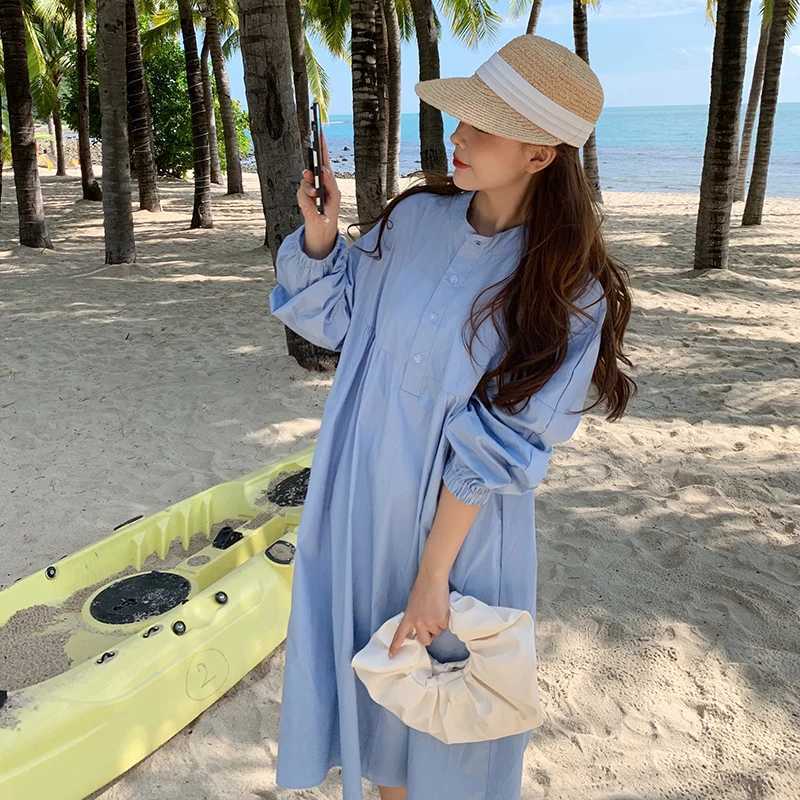 2024 Spring Pregnant Cotton Dress Denim Blue Bracket Collar Pregnant X Large Dress W241026