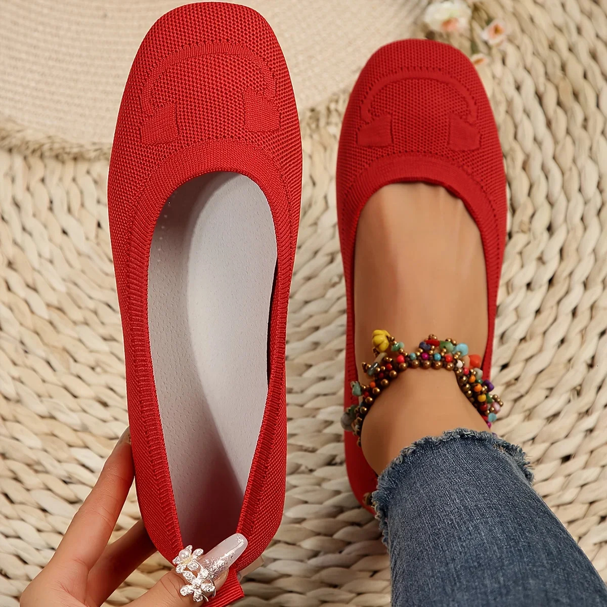 Womens flat shoes solid color knitted office shoes casual breathable ballet shoes soft mesh mule shoes womens Loafers Zapatos De Mujer 241024