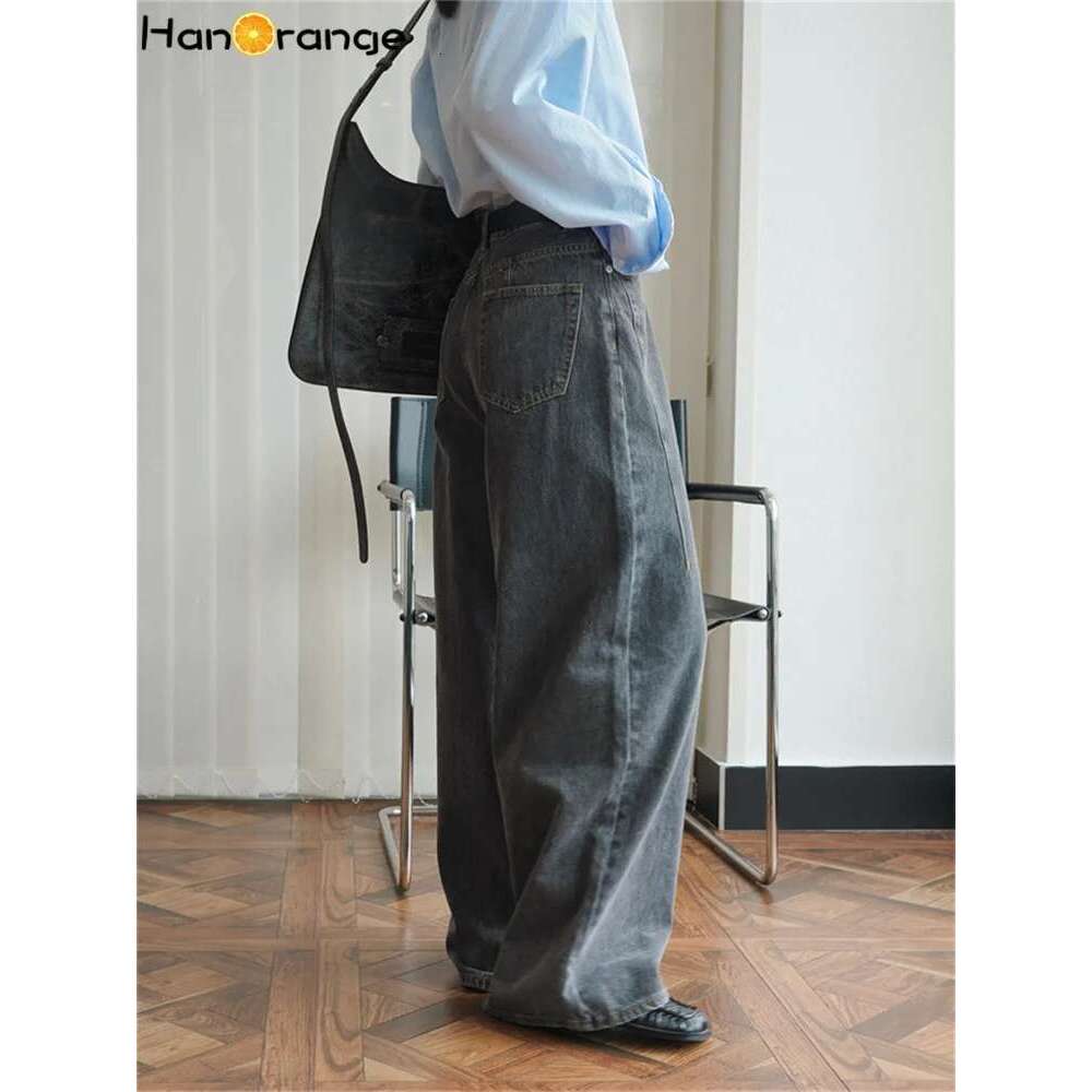 Hanorange 2024 Autumn Vintage Personalized High Waist Wide Leg Jeans Women Loose Washed Casual Denim Pants Female Cool Ash Gray