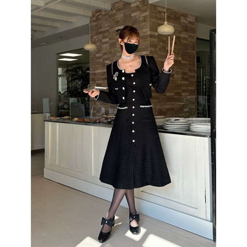 2024 New Spring Women's Suit, Mid Length Vest Skirt, Coarse Woolen Suit Two Piece Sets Womens Outifits