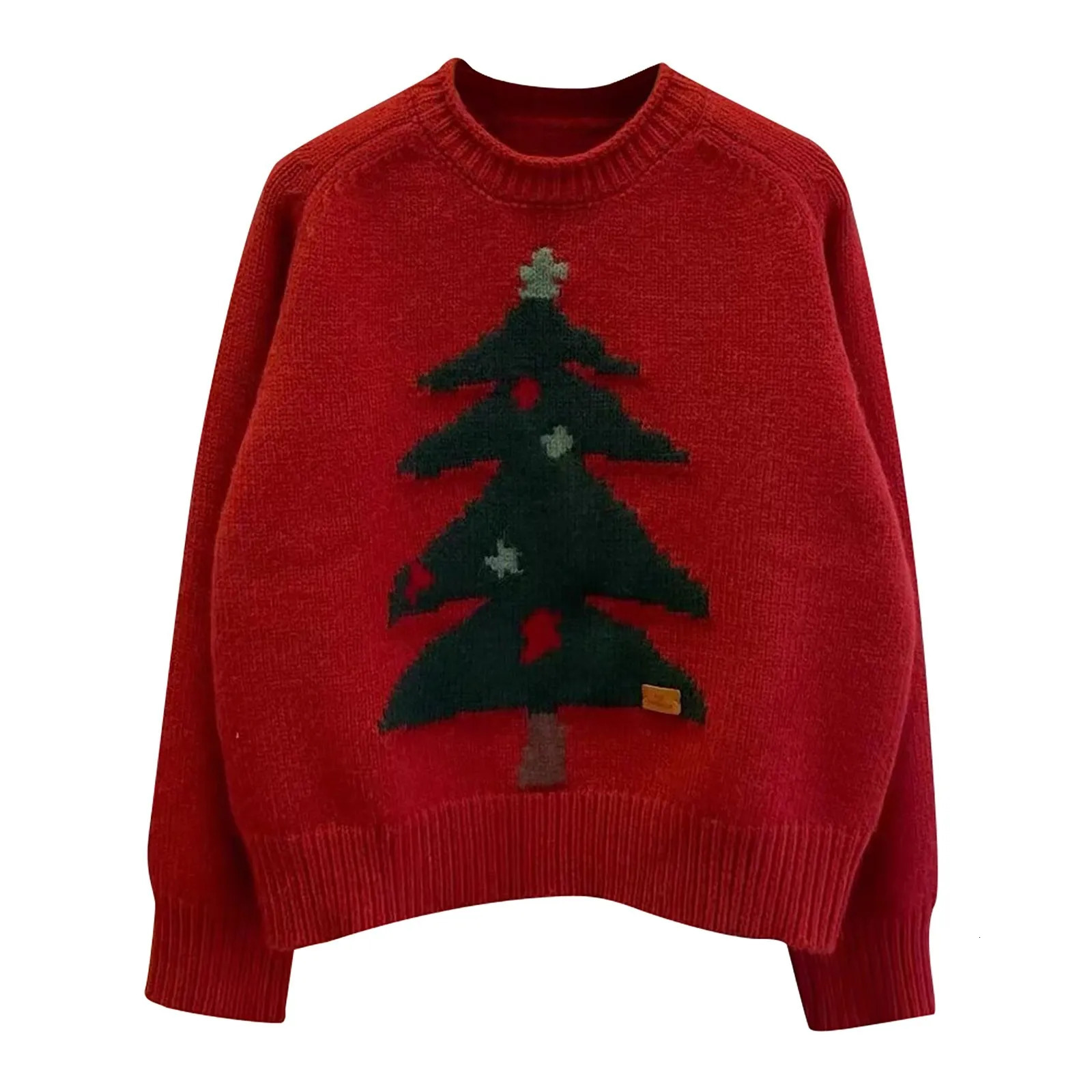 Christmas tree print collar knitted sweater for autumn and winter casual long sleeves with floral pattern loose young sweater top 241025
