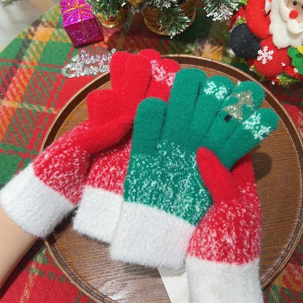 Winter Thick Cashmere Gs Christmas Tree Knitted Warm Finger Skiing Gs Touchscreen Double layer Plush Christmas Gs W241026