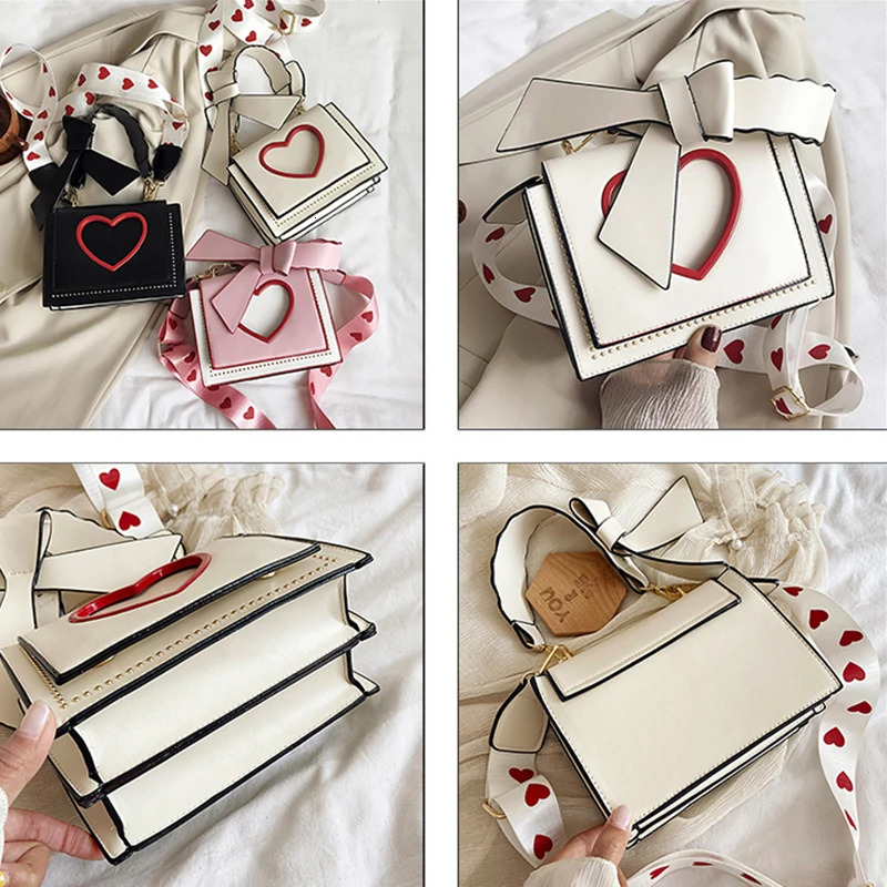 2024 Designer Women's Sweet And Cute Crossbody Bag Heart Shaped Hollow Shoulder Bag Student Style Full Match Wide Shoulder Strap Summer Handbag F