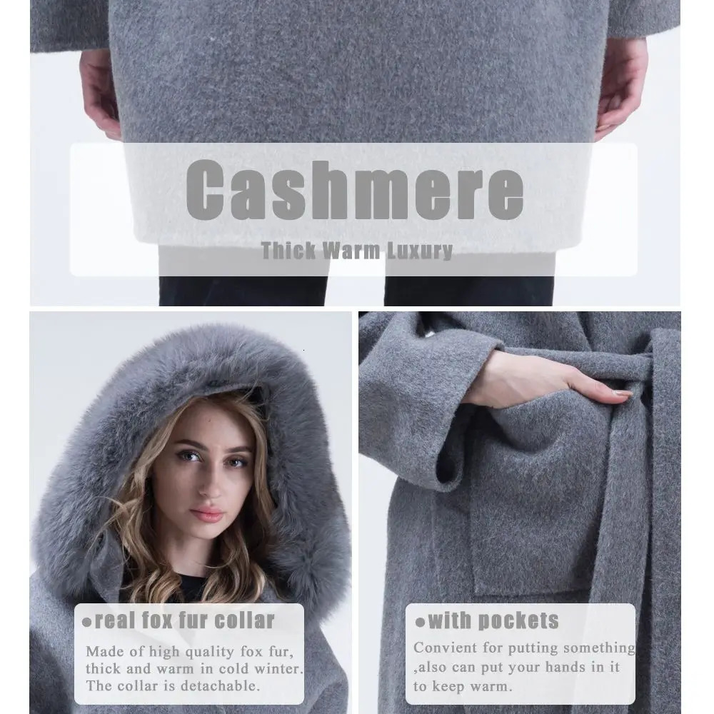 MISSJANEFUR Wool Coat with Real Fur Collar Cuff Women 2023 Fashion Belted Cashmere Coats Warm Winter Hooded Trench Peacoat 241025