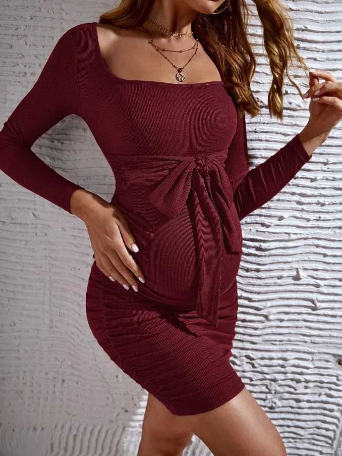Pregnant womens elegant square neckline bow front pleated dress womens mature body dress party casual clothing pregnant W241026