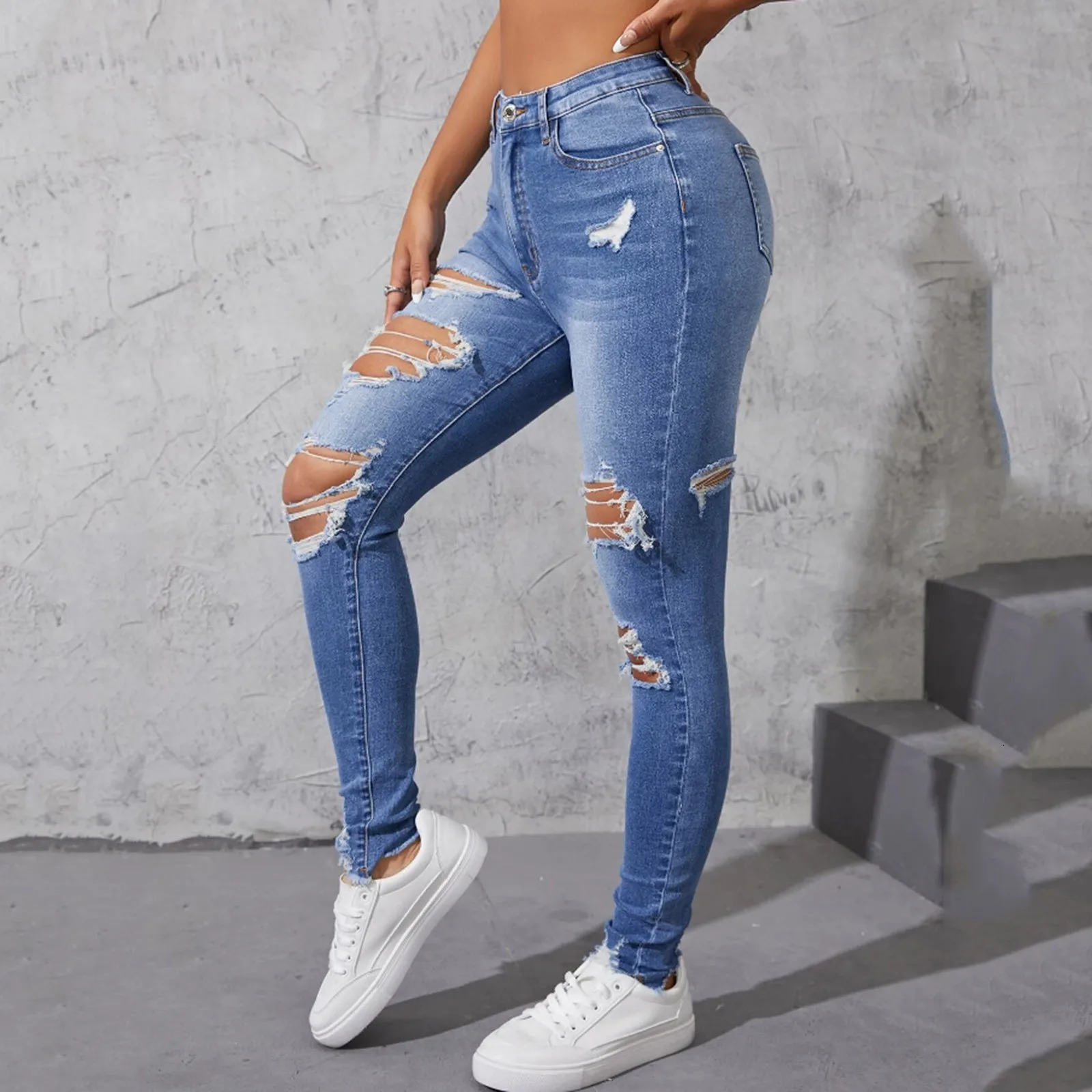 Womens Hole Jeans 2024 Ripped Skinny Pants For Women Raise Tail Push Up High Waist Denim Trousers 241025
