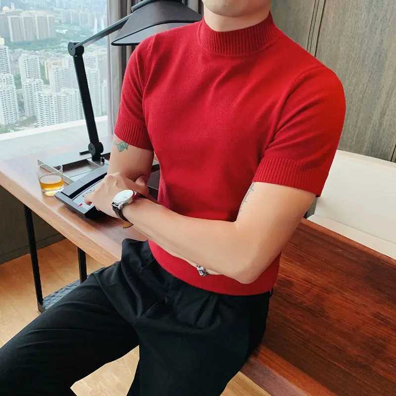 2023 Spring/Summer New Slip Mens Knitted T-shirt Solid Color Slimming T-shirt W241026