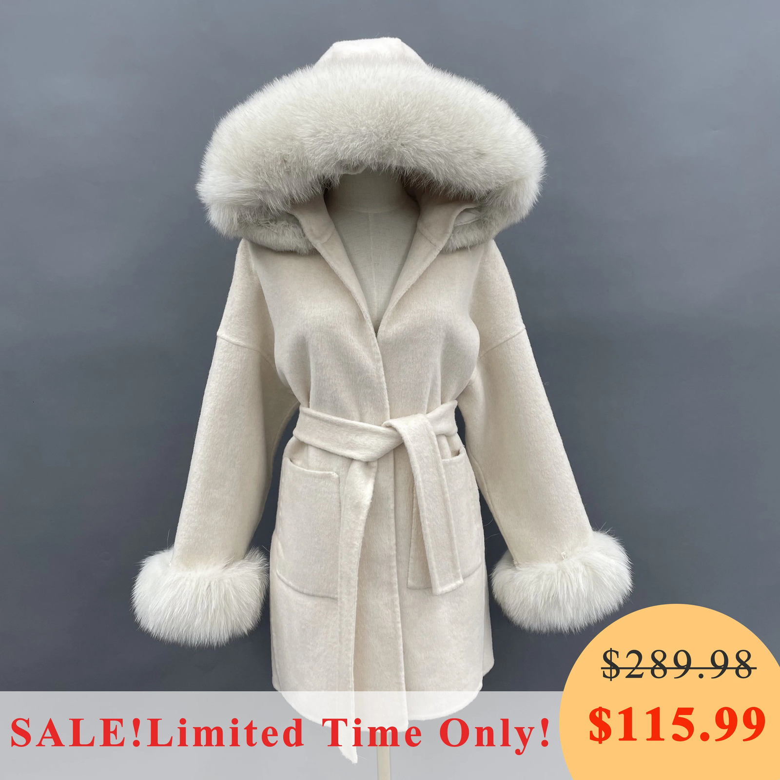 MISSJANEFUR Wool Coat with Real Fur Collar Cuff Women 2023 Fashion Belted Cashmere Coats Warm Winter Hooded Trench Peacoat 241025