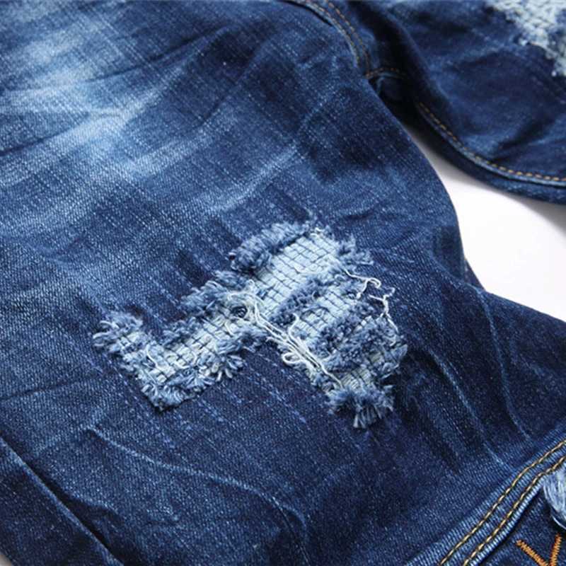 New punk style blue ripped applique embroidered jeans straight leg mid waist stretch mens jeans hip-hop T-shirt X241026