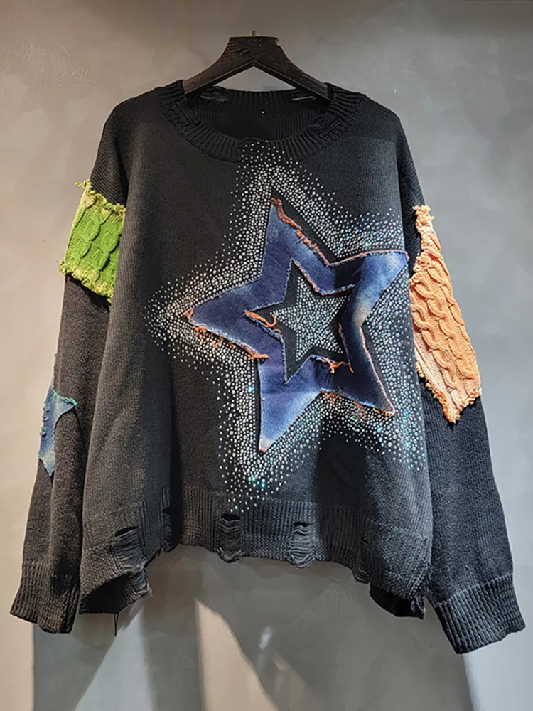DEAT Womens Pullover Patch Work Denim Star Rhinestone Piercing O-Neck Loose Long Sleeve Sweater Autumn Fashion 241024