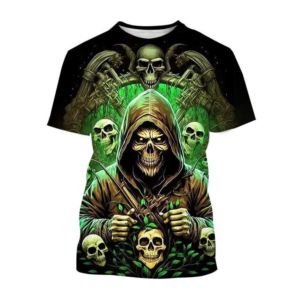 Hot selling new skeleton 3D printed mens and womens fashionable horror short sleeved flame skull casual T-shirt W241026